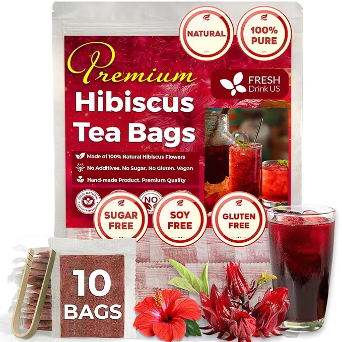 FreshDrinkUS, Premium 10 Hibiscus Flowers Tea Bags, 100% Natural, Pure from Hibiscus Flowers. Loose Flower Hibiscus Herbal Tea. Hibiscus Flower Tea. No Sugar, No Caffeine, No Gluten, Vegan.