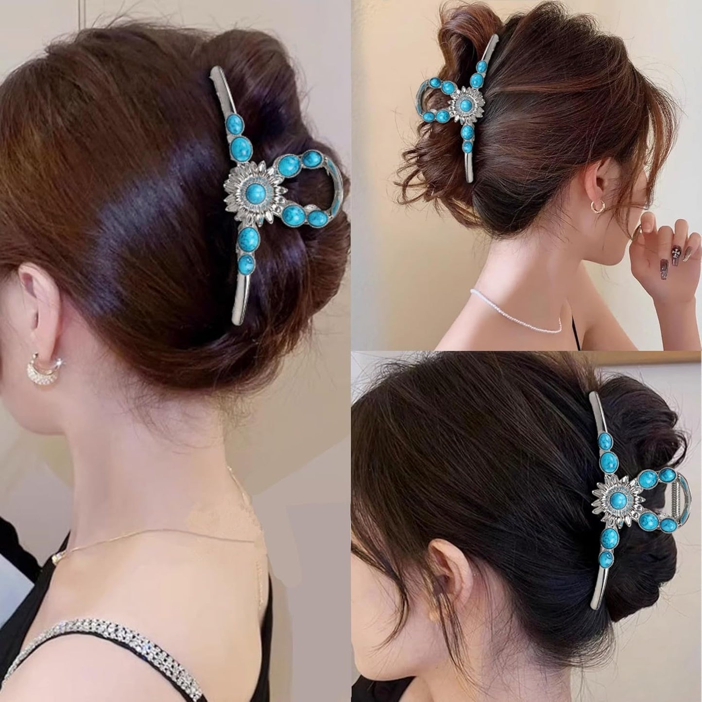 Turquoise Blue Stone Hair Clips, Large Metal Retro Sun Flower Style Claw Clip for Women Strong Hold Big Non-Slip Hair Catch Barrette Jaw Clamp for Long Thick Hair, Fashion Styling Accessories (2 Pack)