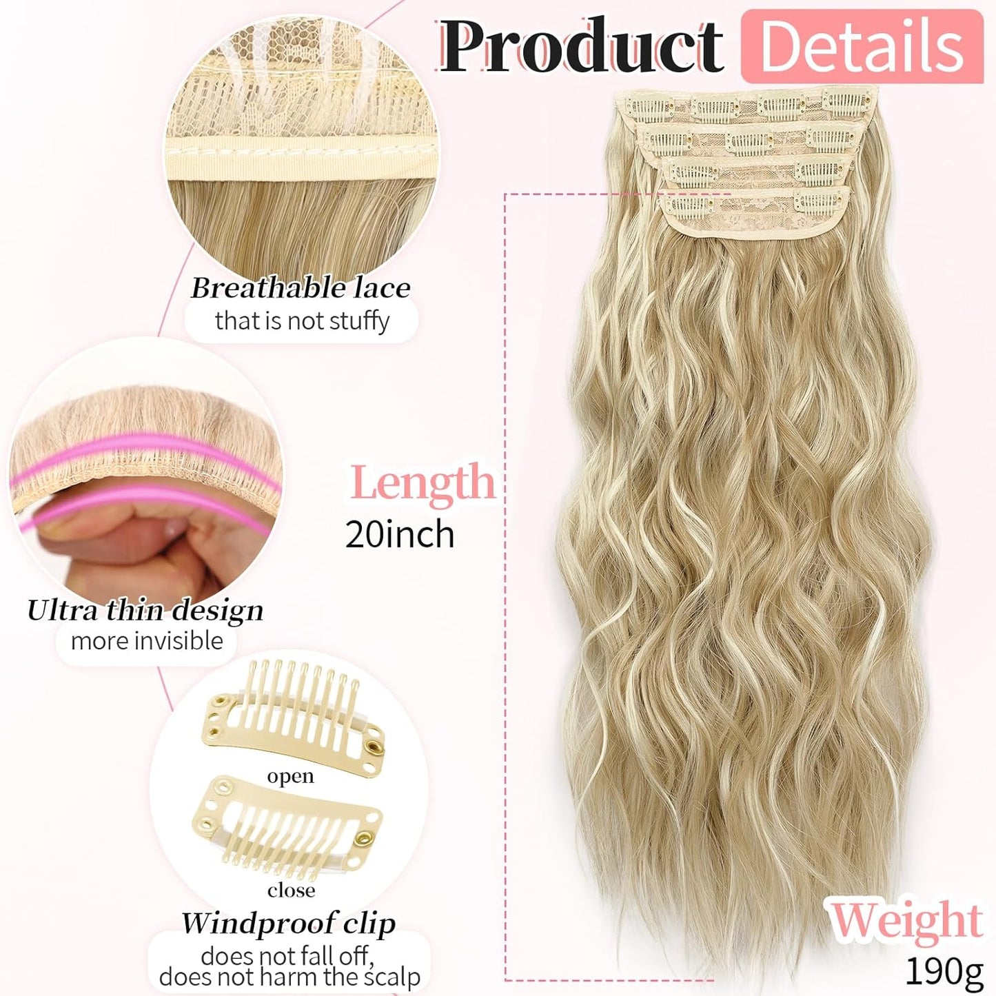 KooKaStyle Beach Blonde Hair Extensions Clip in Synthetic Highlight Hair Extensions Long Wavy 4PCS Thick Hairpieces 20 Inch for Women