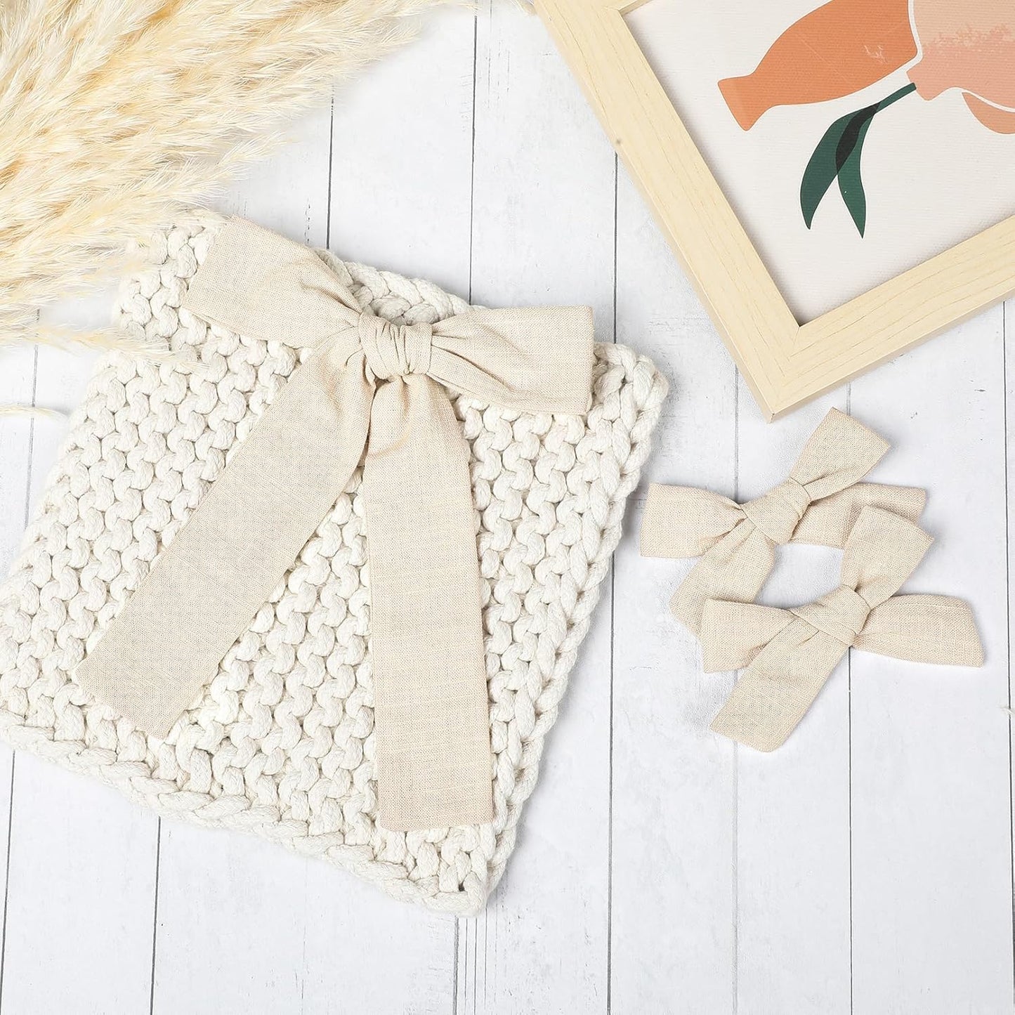 DEEKA Beige Cotton Linen Hair Bows 2 Sizes 5"&3.5" Soft Hair Bow set for Toddler Girls Long Ponytail Knot Bows Alligator Clip Hair Accessories for Little School Girls (Beige)