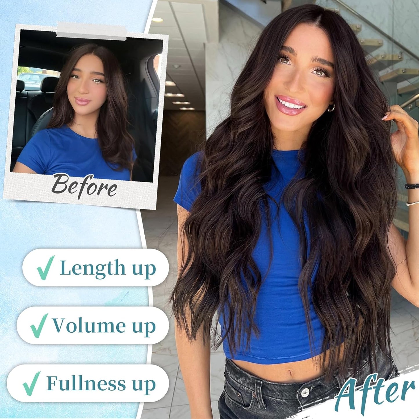 KooKaStyle Clip in Synthetic Hair Extensions Long Wavy 4PCS Thick Hairpieces Chocolate Brown 33Y# Fiber Double Weft Natural Hair Extensions 20 Inch for Women