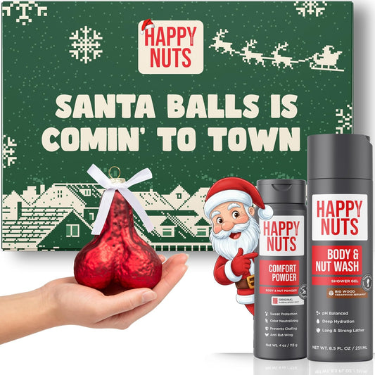 Happy Nuts Festive Holiday Gift Box for Men with Comfort Powder, Body Wash & Christmas Ornament - Ultimate Men's Care Package for Him & White Elephant Gift Idea
