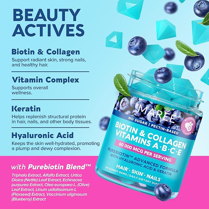 MAREE Beauty Bundle - Under Eye Gels & Biotin Gummies - Marine Collagen & Hyaluronic Acid, A B C E Vitamins Complex with Keratin & Pantothenic Acid - De-puff Eyes & Dark Circles, Skin, Nails & Hair