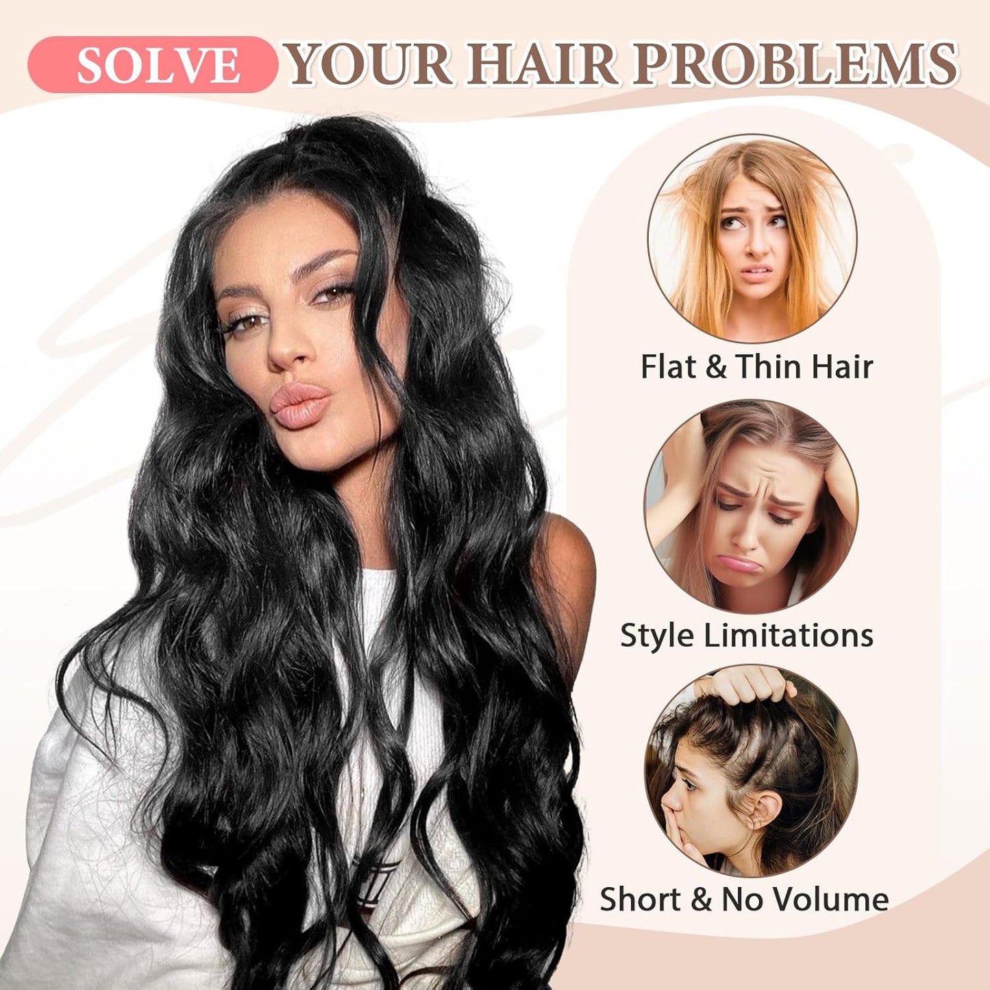 Synthetic Clip in Hair Extensions, 6 PCS 1 6 Inch Hair Extensions Clip Ins, Black Long Wavy Hairpieces(16inch, 6pcs, Black)