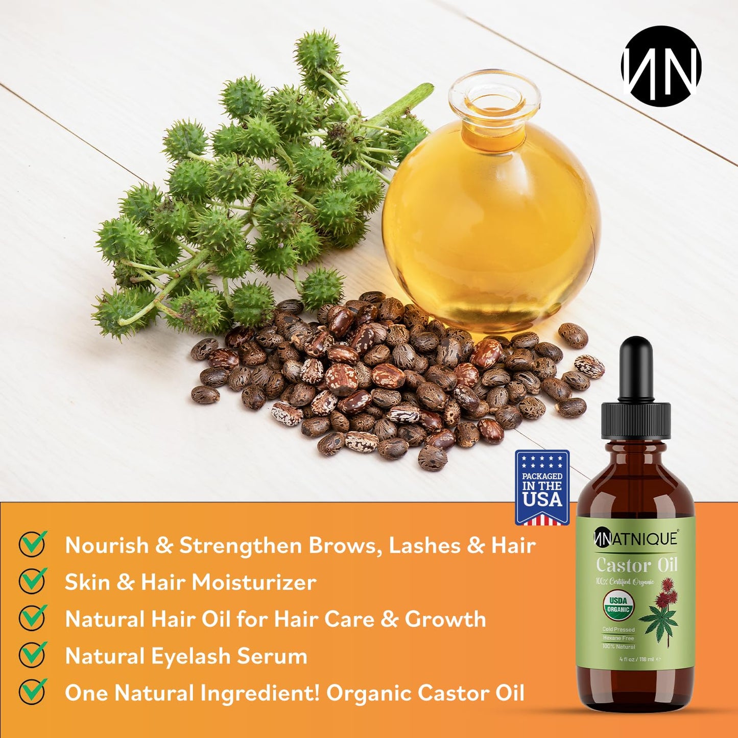 Natnique Castor Oil 4oz – USDA Certified Organic, 100% Pure Cold Pressed Unrefined Oil for Hair Growth, Eyelashes, Eyebrows & Scalp – Natural Skin Moisturizer, Lash Serum & Hair Treatment
