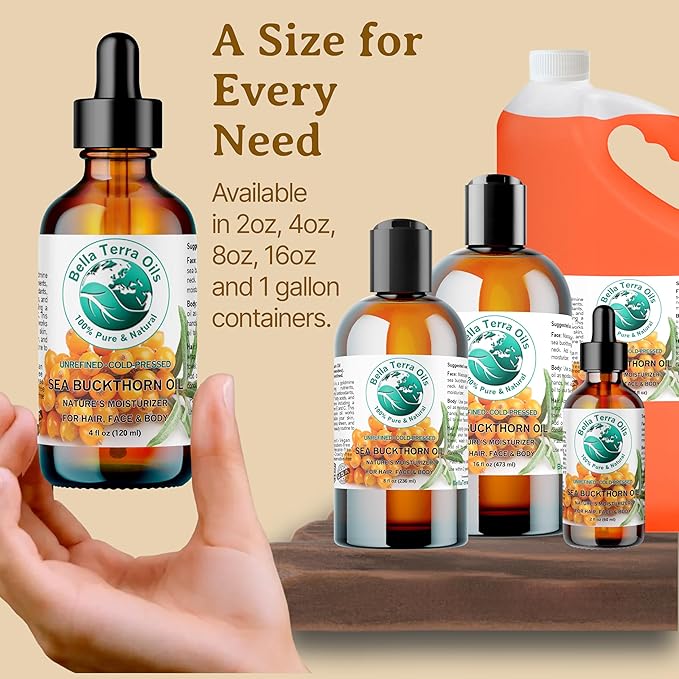 Bella Terra Oils Pure Sea Buckthorn Oil – 1 gallon, Unique Nutrient Blend, Nourishing, Non-Greasy, Radiant Glow for Skin, Softness for Hair