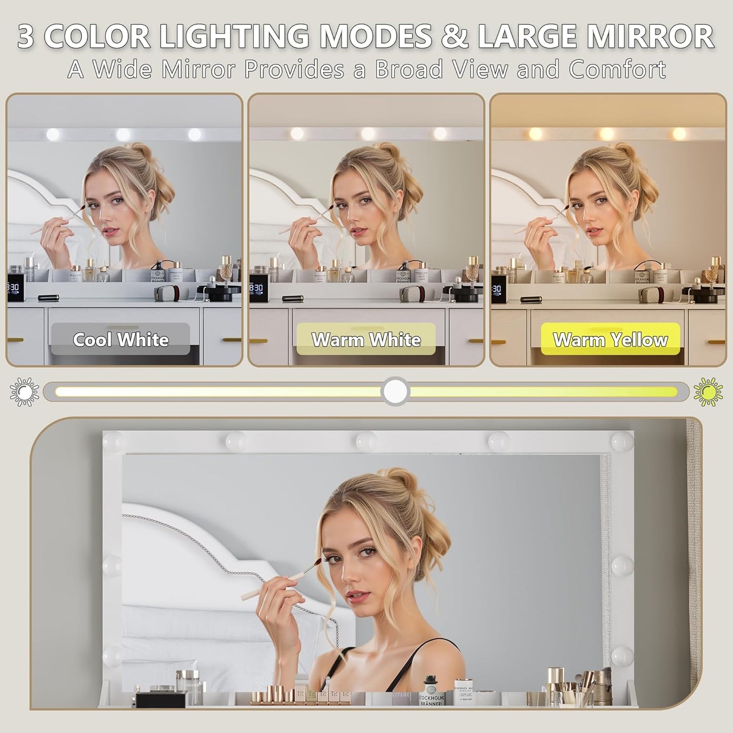 Makeup Vanity with Large Lighted Mirror and Chair, 7 Drawers Vanity Makeup Desk Table with Power Strip, Adjustable Lighting, and Cushioned Storage Stool for Women, Girls