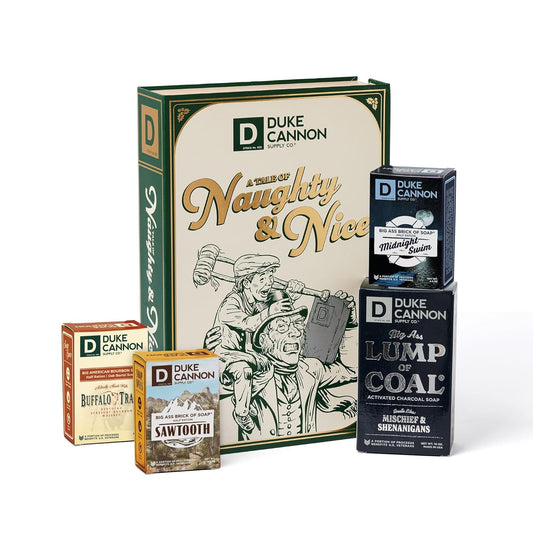 Duke Cannon Supply Co. Holiday Naughty & Nice Gift Set - Full Size Lump of Coal Soap & 3 Junior Soaps (American Bourbon, Sawtooth, Midnight Swim)