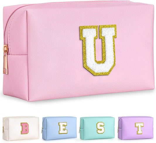 TOPEAST Personalized Chenille Letter Pouch Cosmetic Bag with Zipper, Travel Toiletry Bag, Monogrammed Birthday Gift for Women