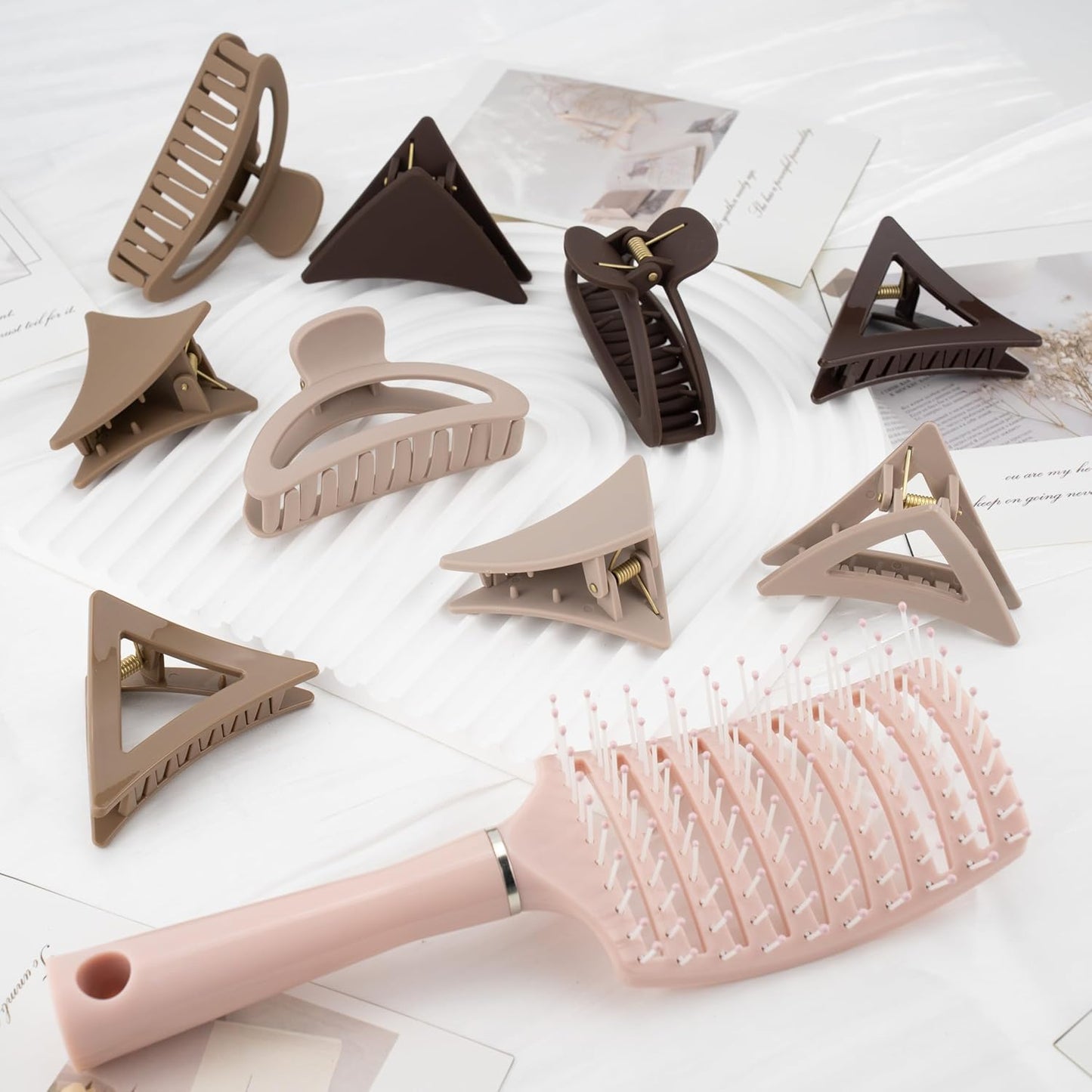 Neutral Tones Hair Accessories Set - 9 Medium Hair Clips (Arched & Triangle), 1 Hair Brush | Non-Slip Hair Clips for Thin Hair (Soft Pink, Beige, Brown)