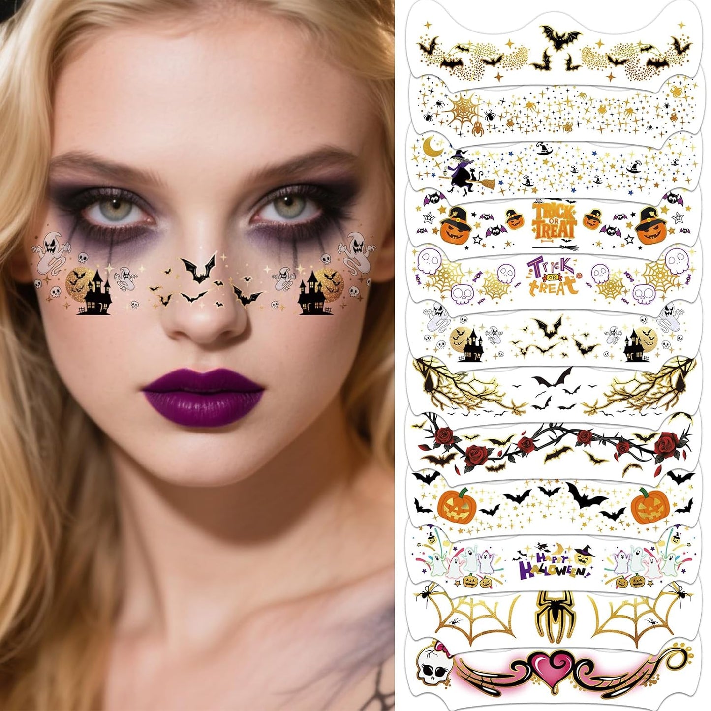 12 Sheets Halloween Face Temporary Tattoo, Ghost Skull Witch Bat Spider Pumpkin Rose Waterproof Fake Tattoos Face Makeup Freckles Patches For Women Girls Halloween Festival Party Supply