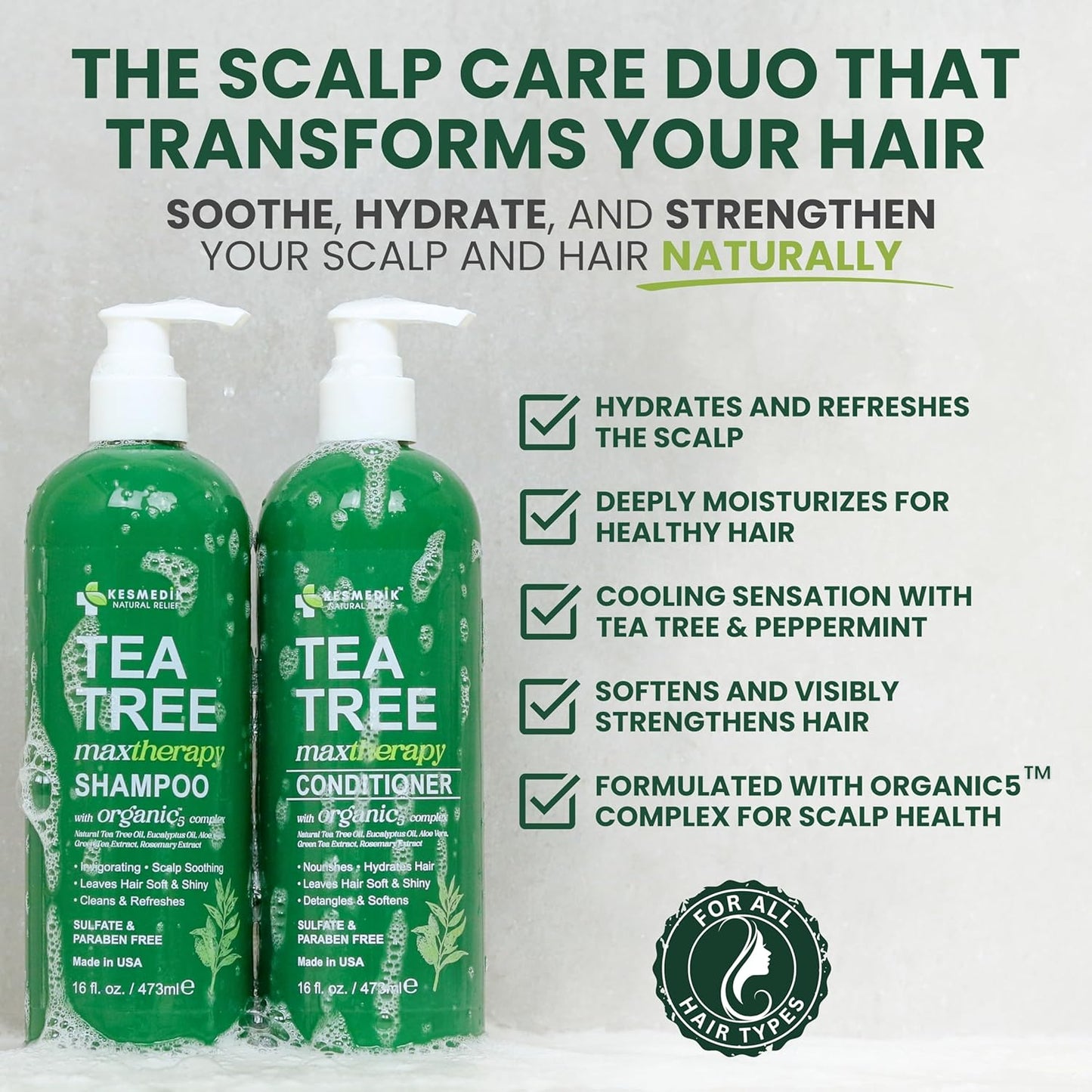 Tea Tree Oil Shampoo and Conditioner MaxTherapy Set, Itchy Scalp Relief, Refreshes & Cleanses Dandruff & Buildup, Clarifying for Oily Hair, Women & Men, 16 fl oz Each