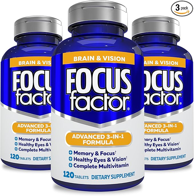 Focus Factor Adults Brain and Vision Supplement, 120 Count- Eye Vitamin, Mineral Supplement, Complete Multivitamin with Lutein & Zeaxanthin – Brain Supplement for Focus, Concentration, Memory (3 Pk)