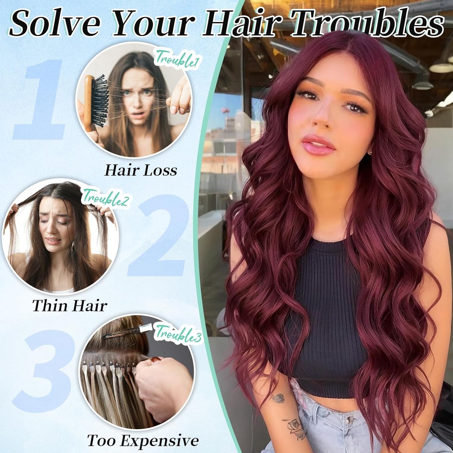 KooKaStyle Hair Extensions Burgundy Clip in Synthetic Highlight Hair Extensions Long Wavy 4PCS Thick Hairpieces 20 Inch for Women