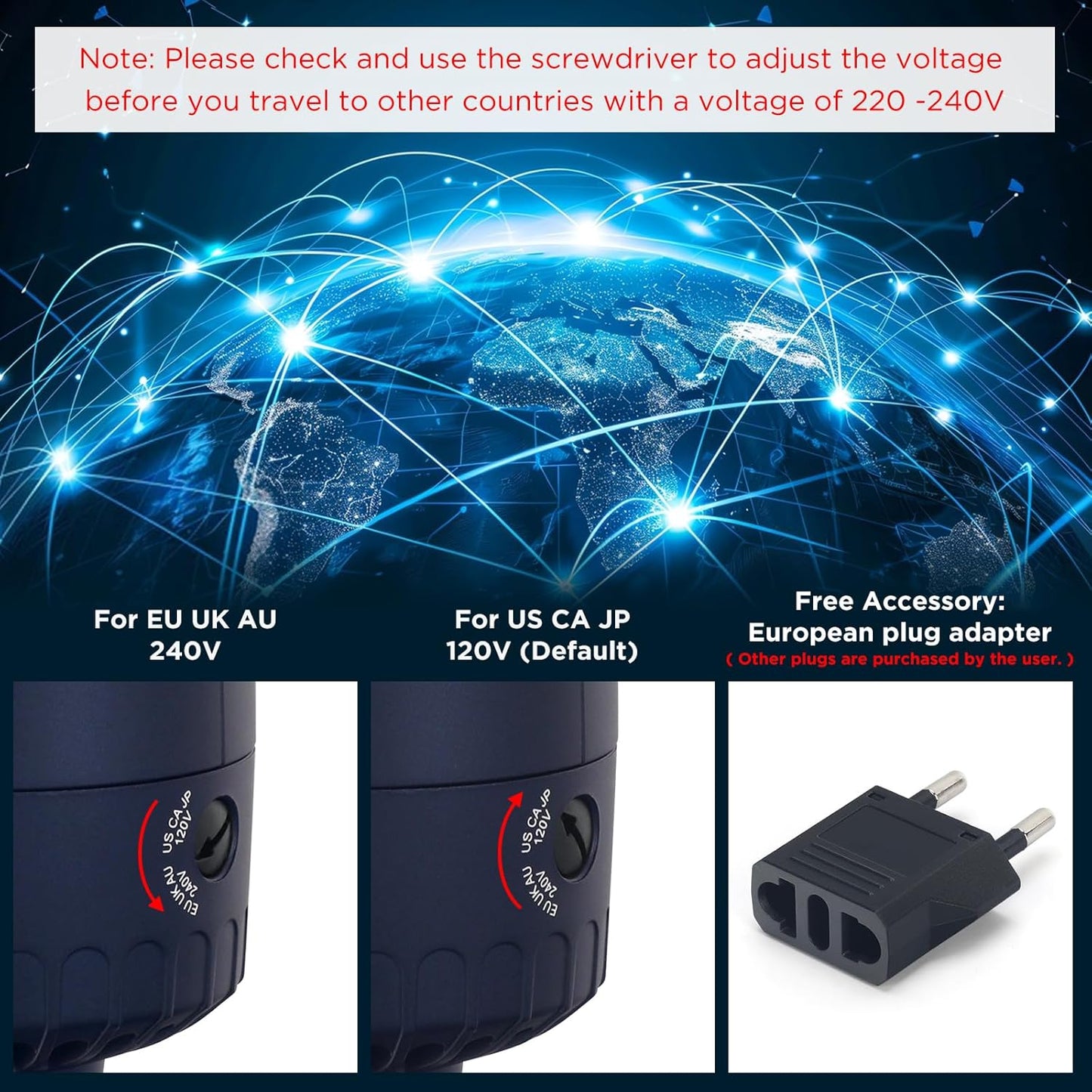 Aima Beauty Worldwide Travel Hair Dryer Brush 110-240V Dual Voltage Blow Dryer Brush Hot Air Brush Oval Barrel 360° Hot Airflow, Negative Ionic Frizz-Free Dry/Straightening/Voluming,Prussian Blue