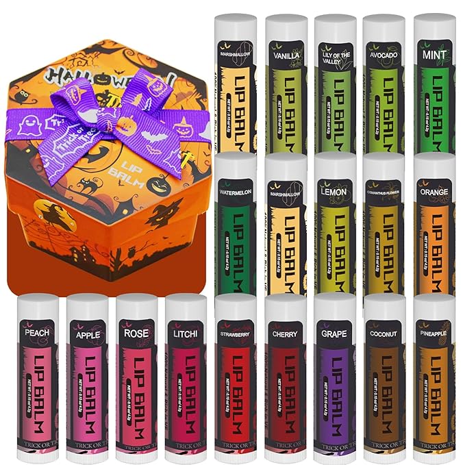Yopela 19 Pack Halloween Natural Lip Balm Bulk with Vitamin E and Coconut Oil Lip Care Set - Moisturizing, Soothing, and Repairing Dry and Chapped Lips - 18 Flavors - Non-GMO