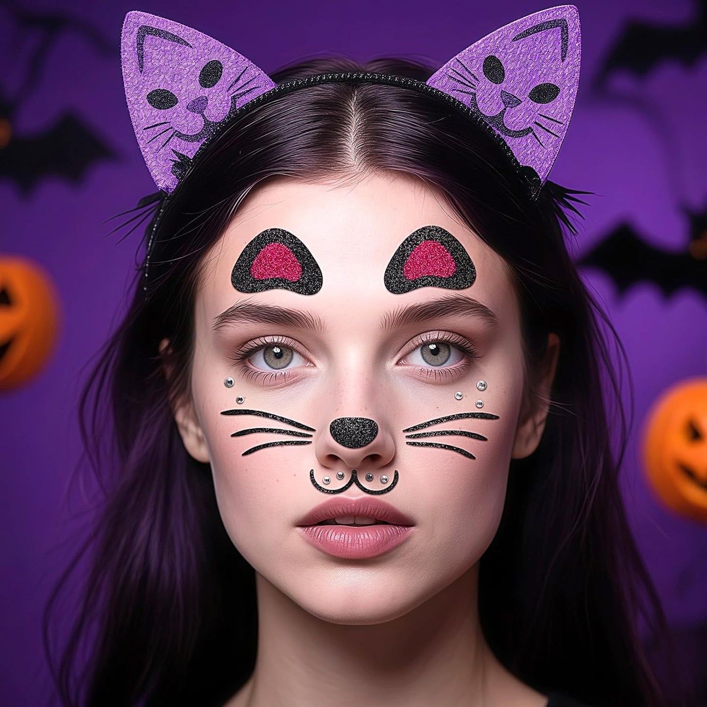 Face Stickers Gems Halloween Temporary Tattoo Sticker Animals Face Sticker Decal Body Face Self-adhesive Sticker Stage Makeup Party Cosplay Decoration 2pcs (cat)