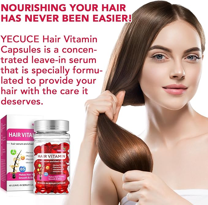 Hair Vitamins, Hair Vitamin Oil Capsules with Avocado Oil, Hair Treatment Serum for Frizzy & Dry Hair, Leave-in Anti Frizz Hair Styling Moisturizing Serum Capsules for Women, 40PCS, Red
