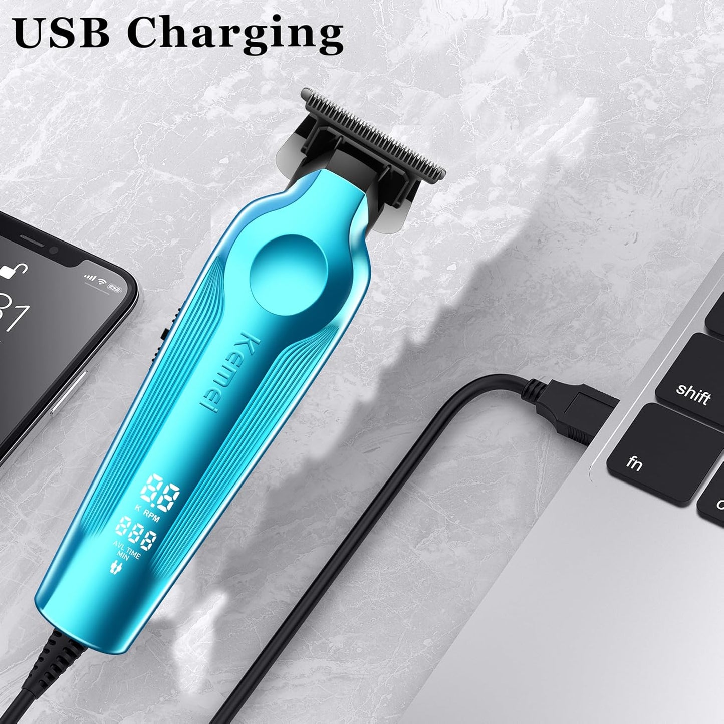 KEMEI Hair Trimmer for Men, Zero Gapped Cordless Hair Clippers Beard Trimmers with T Blade, Rechargeable Barber Clippers with LED Display, Blue