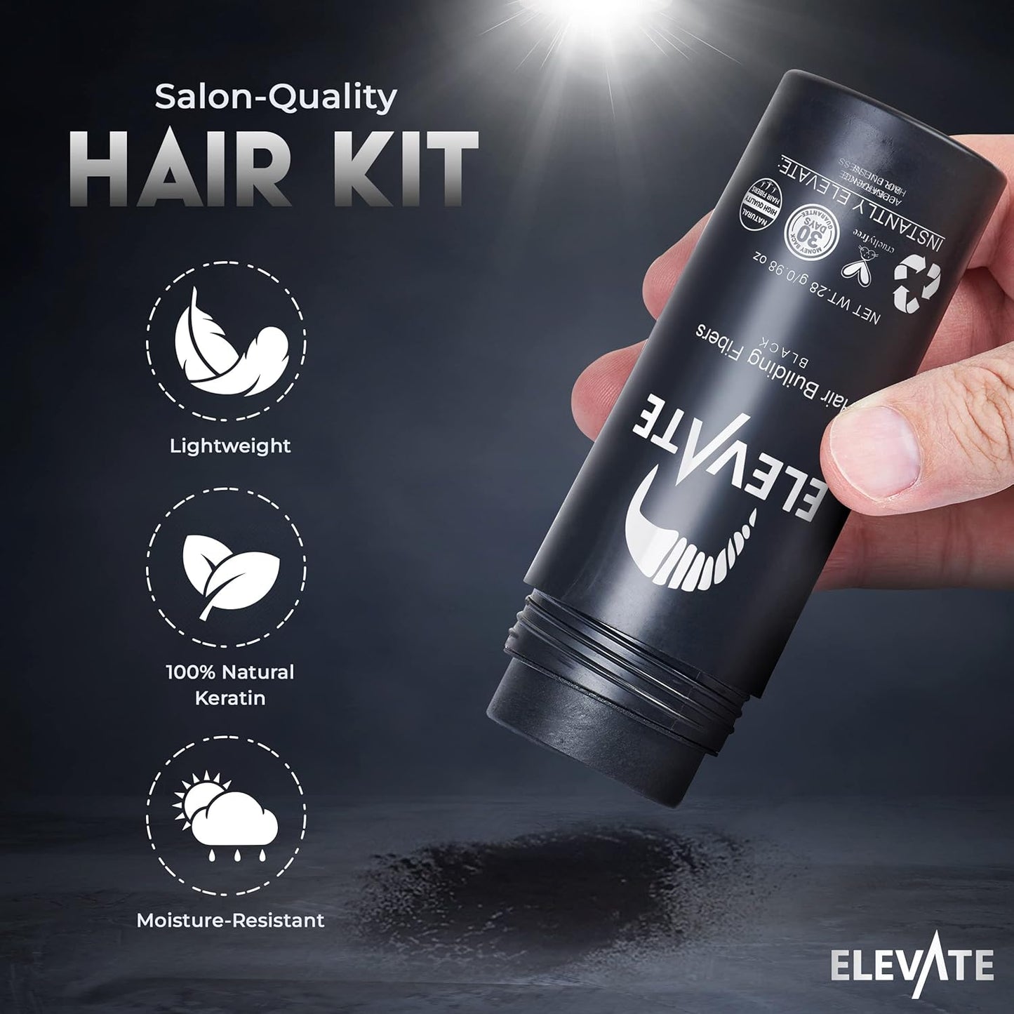 ELEVATE Hair Perfecting 3-in-1 Kit Set Includes Natural Hair Thickening Fibers & Spray Applicator Pump Nozzle & Locking Setting Hold Spray | Instantly Conceal Balding and Thinning Areas (Black)