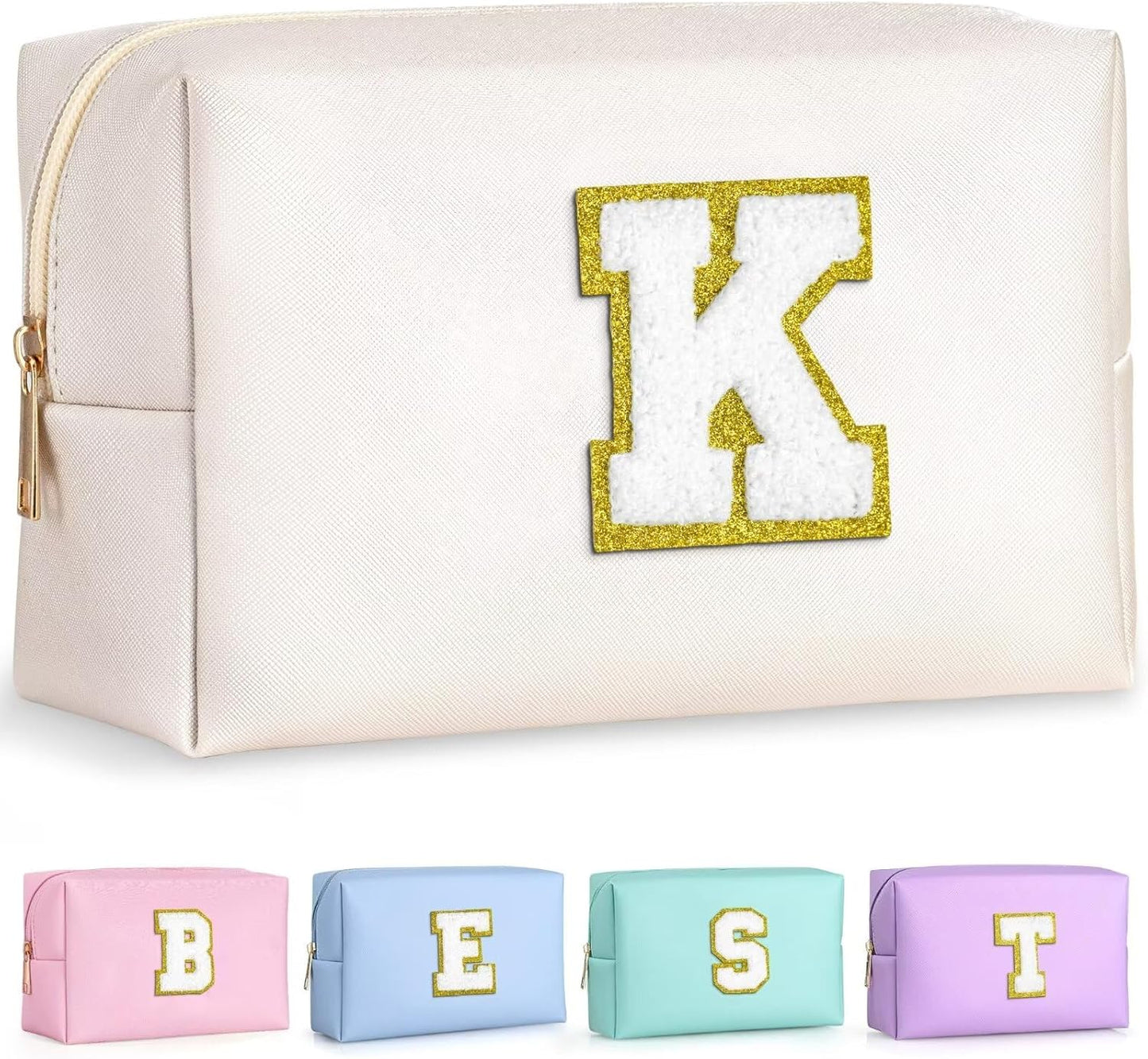 TOPEAST Initial Cosmetic Bag, PU Leather Waterproof Travel Toiletry Bag, Monogrammed Gifts for Women, Personalized Birthday Gift for Sister Friends, Cute Stuff for Girls (White K)