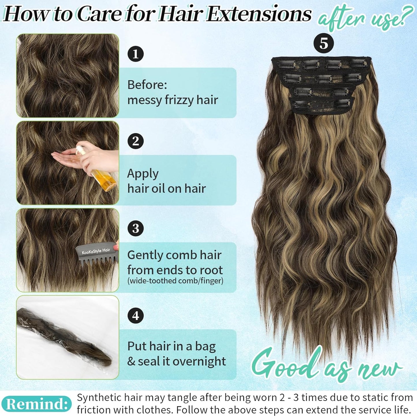 KooKaStyle Clip in Synthetic Hair Extensions Long Wavy 4PCS Thick Hairpieces Brown mix Sandy Blonde F6/18 Fiber Double Weft Natural Hair Extensions 20 Inch for Women