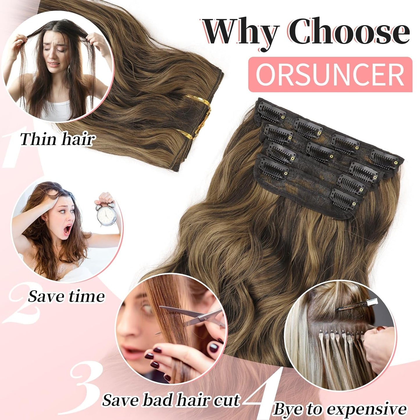 KooKaStyle Clip in Synthetic Hair Extensions Long Wavy 4PCS Thick Hairpieces Balayage Chocolate Brown to Caramel Blonde 10H26 Fiber Double Weft Natural Hair Extensions 24 Inch for Women