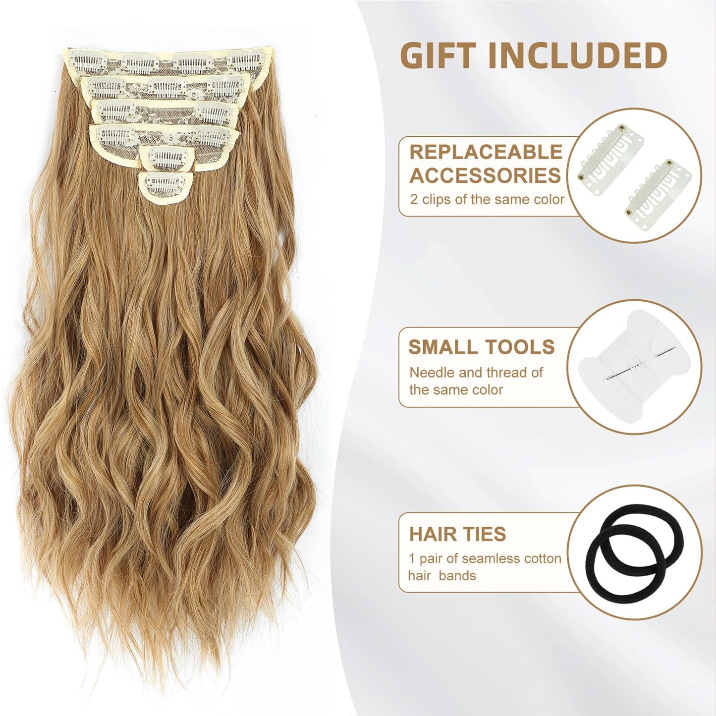Clip in Hair Extensions, 6 PCS Natural & Soft Hair & Blends Well Hair Extensions, Lonng Wavy Hairpieces(20inch, 6pcs,Golden Blonde)