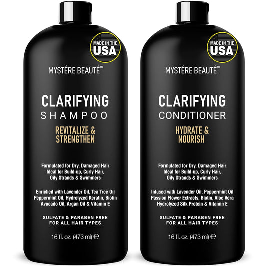 Clarifying Shampoo and Conditioner Set- Hydrating, Calming & Removes Buildup, For All Hair Types, Clarifying Cleanse for Dirt, Oil & Hard Water Buildup, for Men Women MYSTÉRE BEAUTÉ - 16 fl oz each
