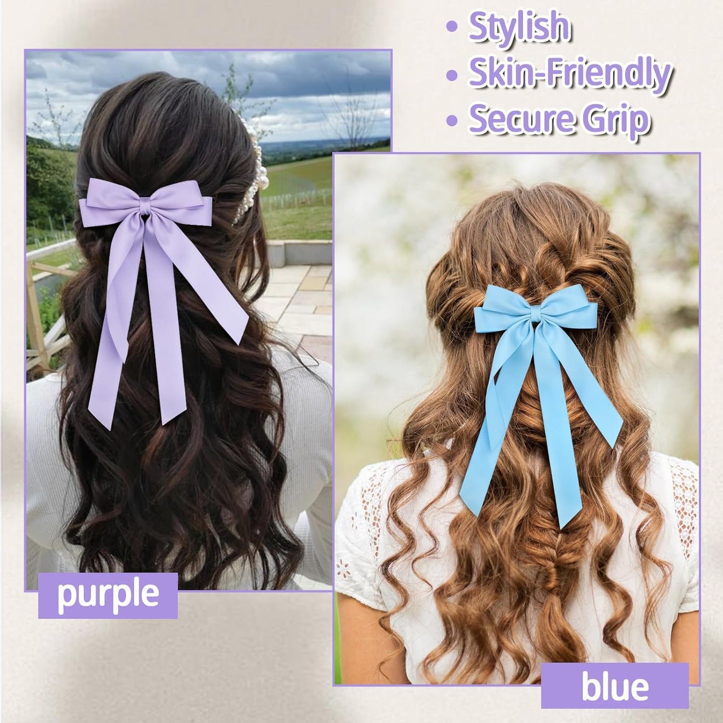 Bow Hair Clips 2PCS Set for Women and Girls - Black White Ribbon Bows for Hair, with Long Tail, Alligator Clip (Purple & Blue)