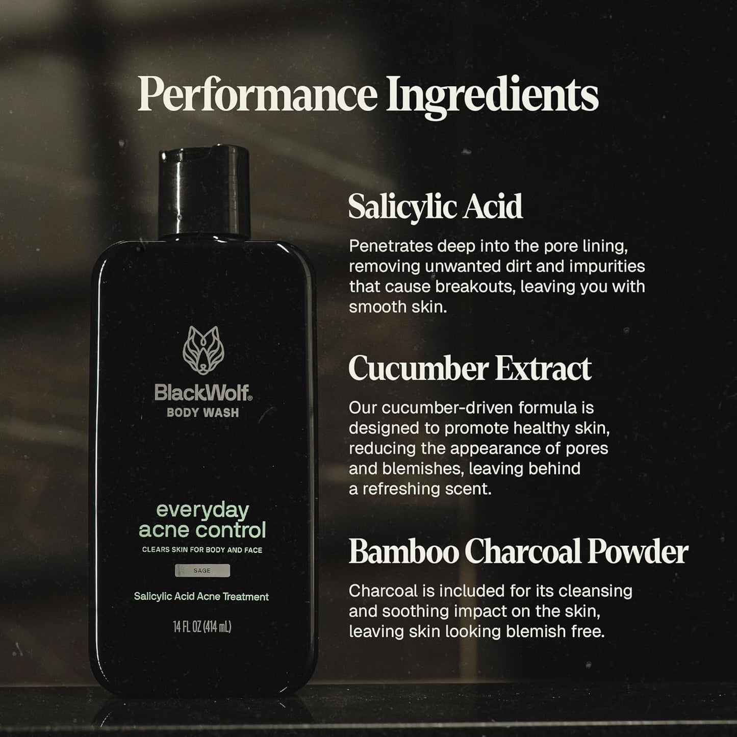 Black Wolf Salicylic Acid Body Wash for Men - 14 Fl Oz Men's Acne Body Wash - Charcoal Helps Reduce Acne Breakouts & Cleanse Your Skin - Full Coverage & Deep Clean Treatment - Men's Bodywash