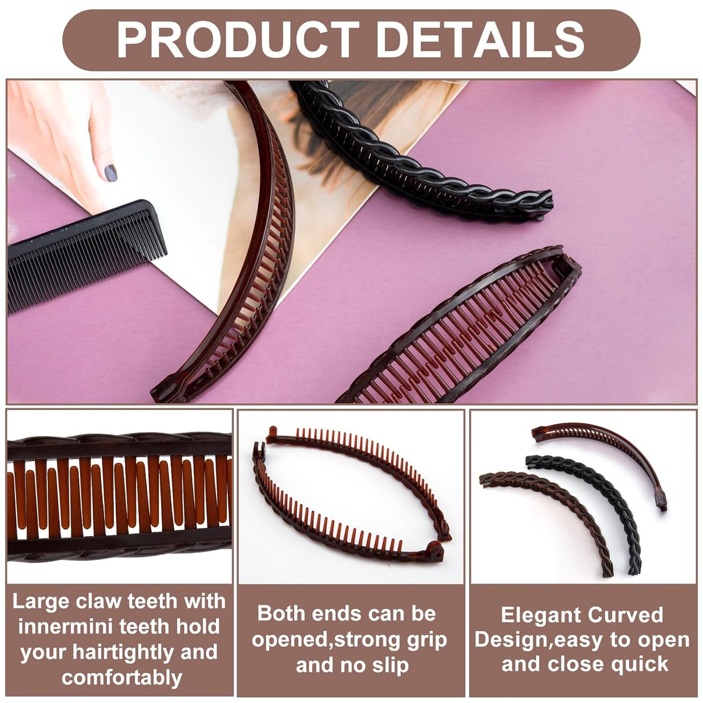 3pcs Banana Hair Clips for Women, Non-Slip Hair Claws with Double Combs, Vintage Hairpin Thick Long Curly Hair Styling Accessories for Daily, Party - Black, Brown (Smooth and Wavy Edge)