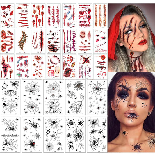 40 Sheets 3D Spider Web&Fake Scar Temporary Tattoos Halloween Makeup Kit, Witch Zombie Realistic Fake Bat Face Tattoos Stickers For Women Adults Kids Men (Halloween)