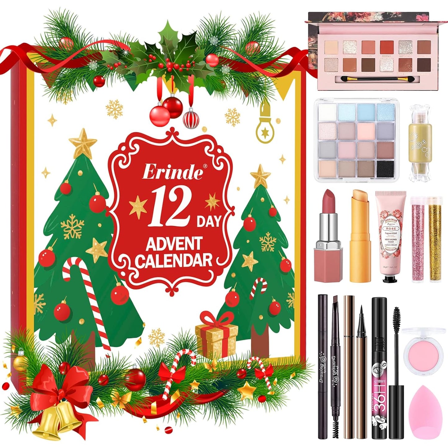 Erinde Makeup Advent Calendar 2025, 12 Days Christmas Gift Makeup Set for Teen Girls & Women, 2025 Xmas Holiday Countdown Calendar Beauty & Cosmetics Holiday Surprise Make Up Gift Kits for Women