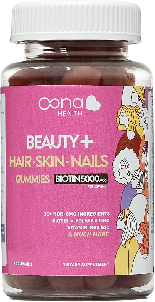 Beauty+ Hair Nails and Skin Vitamins - Biotin Gummies 5,000 Mcg - Folate - Vitamin B Complex B5, B6, B12 - Biotin Vitamins - Faster Hair Growth Gummies, Stronger Nails, Healthy Skin Care