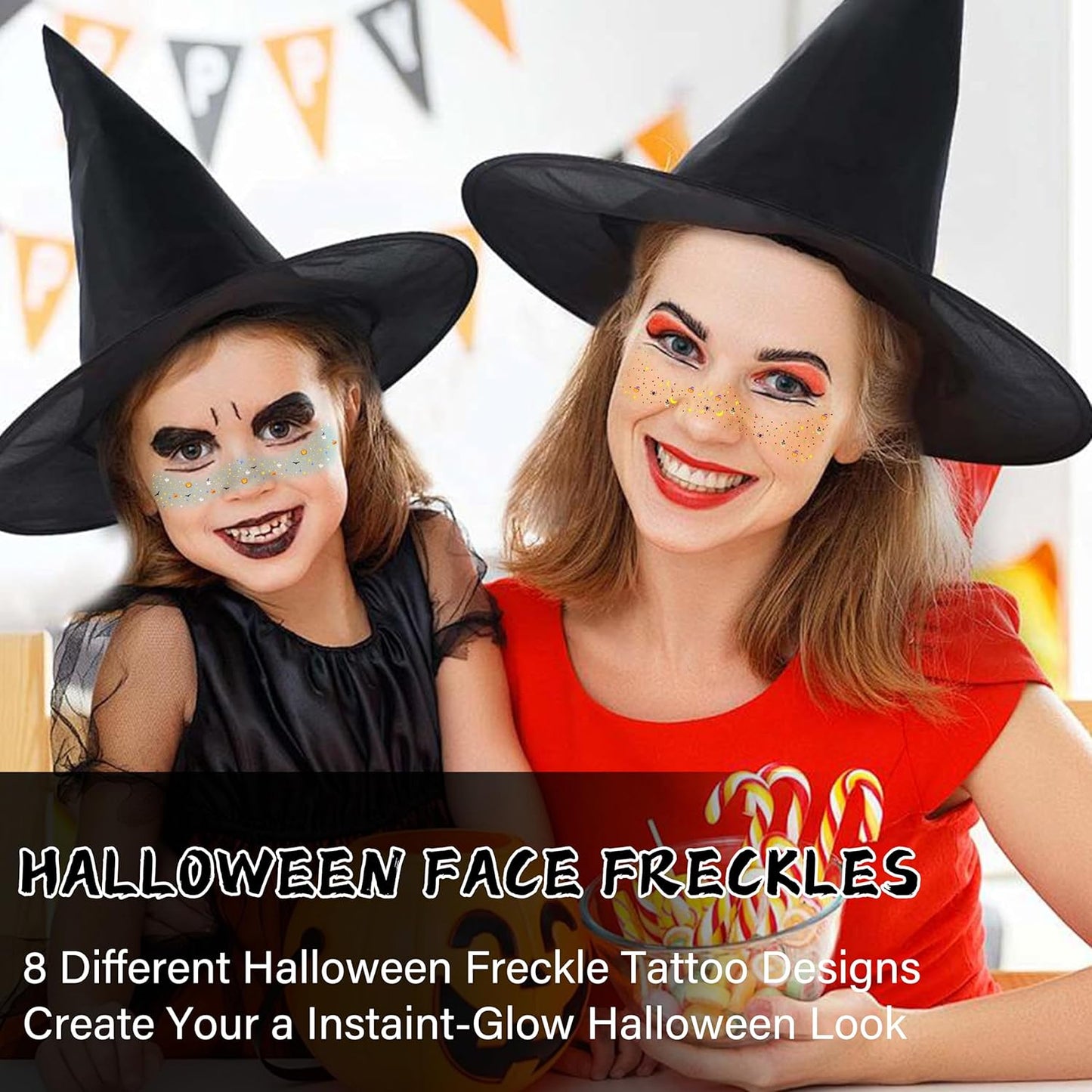 8 Pcs Halloween Glitter Tattoos, Halloween Glitter Freckles Face Tattoos Stickers, Waterproof halloween Rave Accessories Face Paint Makeup Kit for Women, Kids, Party Supplies