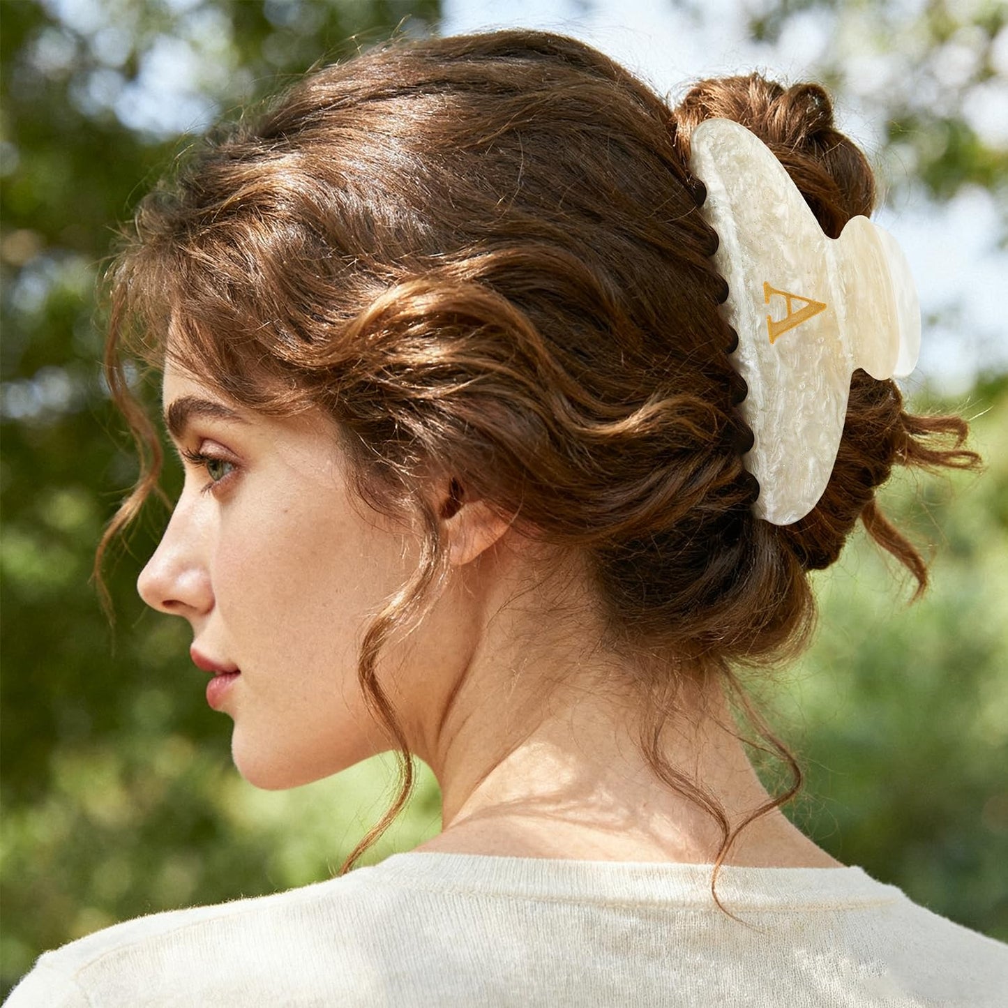 MAORULU 4 Inch Letter A Acrylic Hair Claw Clip for Women, Large Cute Marble Beige Glitter Alphabet Jaw Clips for Thick or Thin Hair, French Style Strong Hold Monogram Hair Accessories