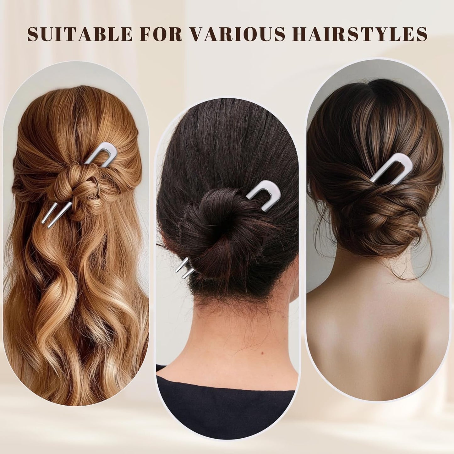 6Pcs Metal French Hair Pins for Women U Shape Sticks 3.9 Inch Vintage Fork for Hairstyle Accessories(Silver)