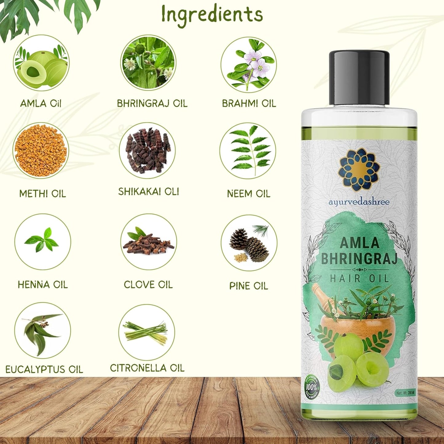 Hair Oil, 200 ml with Amla , Bhringraj , Brahmi , Methi , Shikakai , Neem , Henna , Pine , Clove , Eucalyptus & Citronella Oil