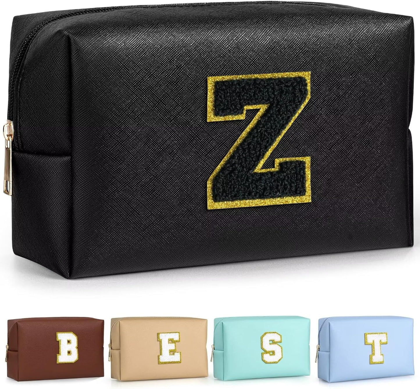 TOPEAST Preppy Makeup Bag, Small Cosmetic Travel Bags for Women, PU Leather Waterproof Toiletry Bag with Zipper, Personalized Birthday Gift for Women Girl, Preppy Gifts for Girl (Black Z)