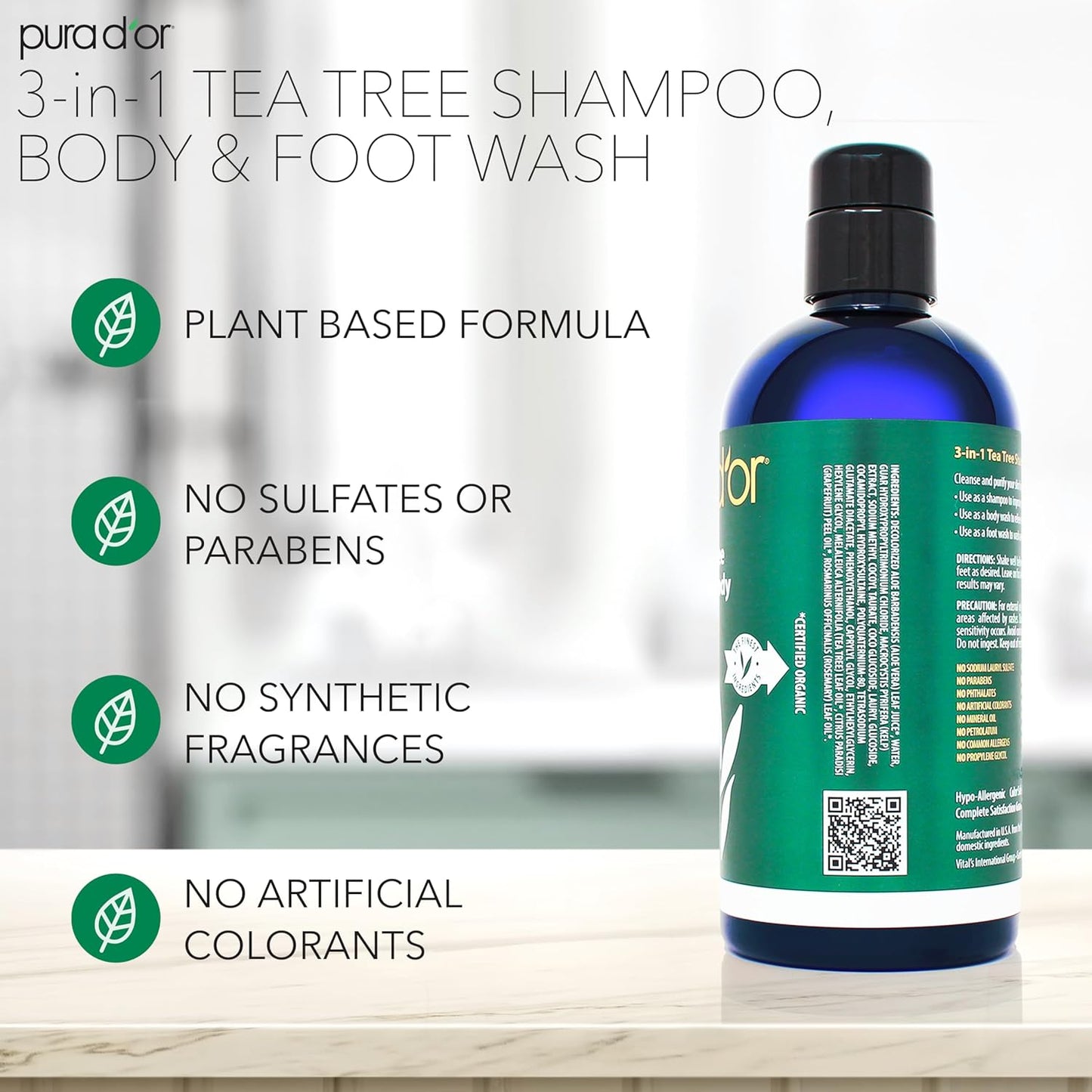 PURA D'OR 3-in-1 Tea Tree Shampoo, Body & Foot Wash, Shampoo (16oz x3 = 48oz) Total Body Care - Foot Odor & Daily Hygiene, Cleansing Routine, Post-Workout Refreshment - Soothes, Invigorates, Nourishes
