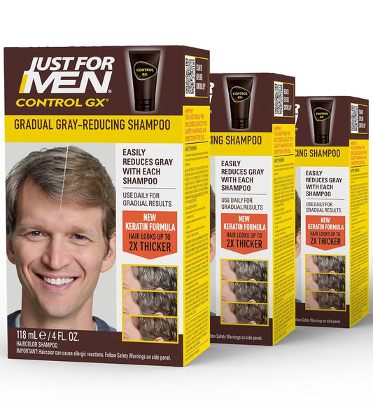 SHAMPOO Just for Men Control GX Grey Reducing for Lighter Shades of Hair, Blonde to Medium Brown, Gradual Hair Color with Keratin, 4 Fl Oz - Pack of 3 (Packaging May Vary)