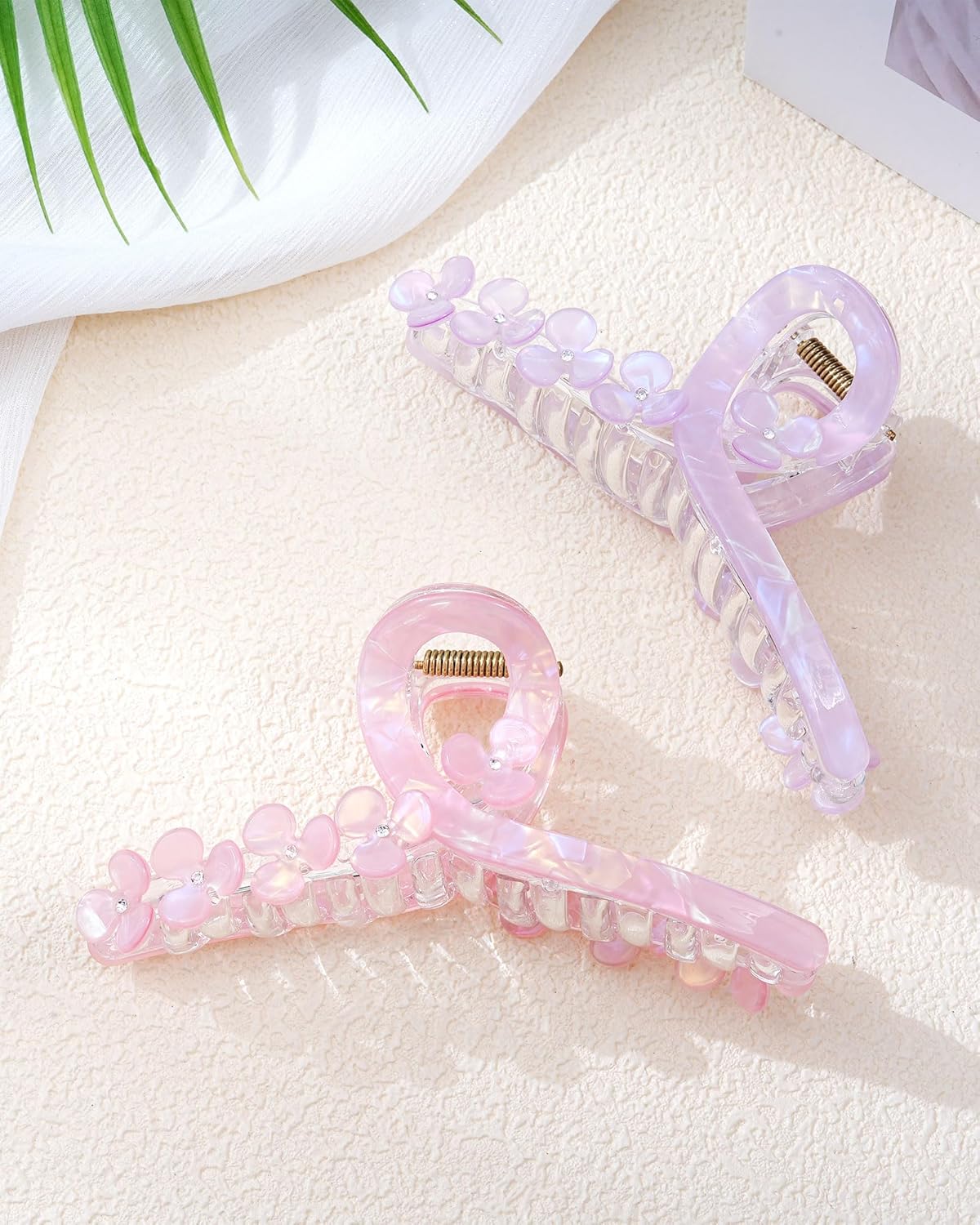 HOKEMP Large Hair Claw Clips for Women, 2 Pack Mermaid Acrylic 3D Flower Claw Clips for Thin & Thick Hair Styling Hair Accessories (Coral Pink Mermaid + Purple Mermaid)