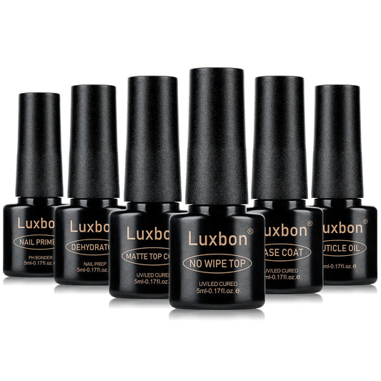 Luxbon 6 Pcs 5ml No Wipe Gel Top Coat and Base Coat Set - Cuticle Oil, Nail Primer Dehydrator, Matte Top Coat, Long Lasting, Shine Finish, UV LED Nail Lamp Soak Off Gel Base Top Coat Manicure