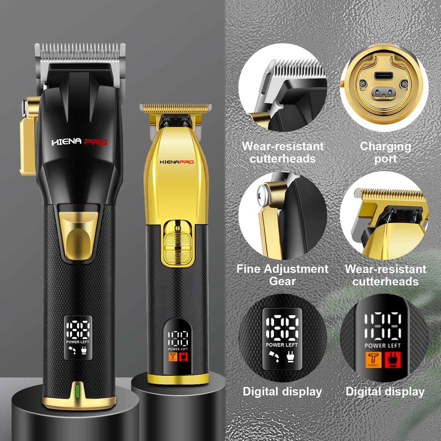 HIENA PRO Professional Hair Clippers Set for Men, Cordless Barber Kit for Haircut, Clippers and Trimmers Set, Hair Cutting Kit with LED Display & Rechargeable USB, Gifts for Men (Black Gold)