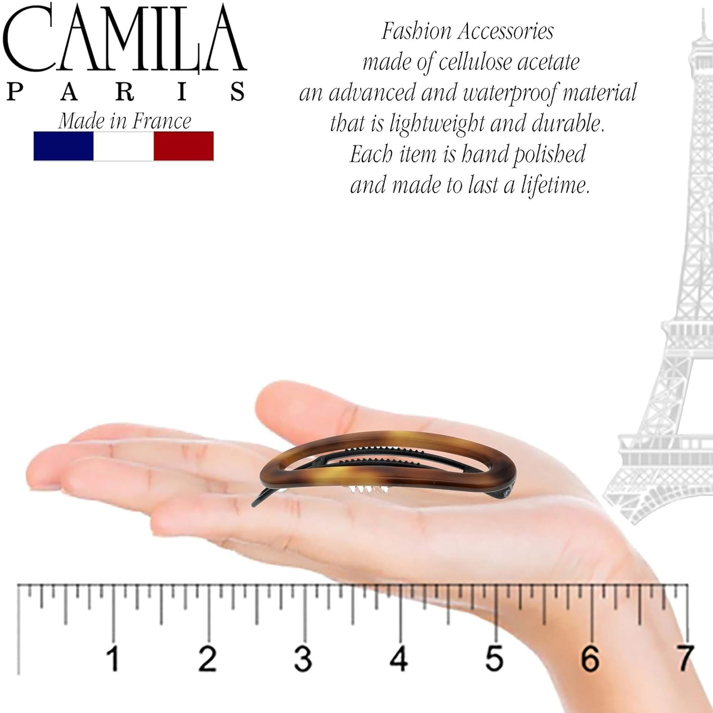 Camila Paris CP2249 French Hair Barrette Clip for Women, Handmade, Side Slide-in Metal-Free Closure Strong Hold Grip Hair Clips for Girls, No Slip Durable Styling Hair Accessories, Made in France