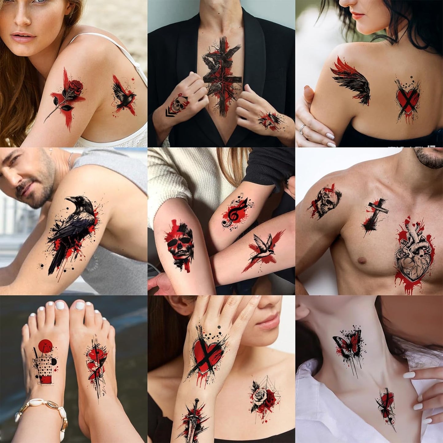 77 Sheets Temporary Tattoos, 17 Sheets Half Arm Black & Red Trash Polka Skull Heart Wolf Crow Cat Cross Flower for Adults Shoulder Neck, 60 Sheets Small Fake Tattoo Sticker for Teen Men Women Body Art