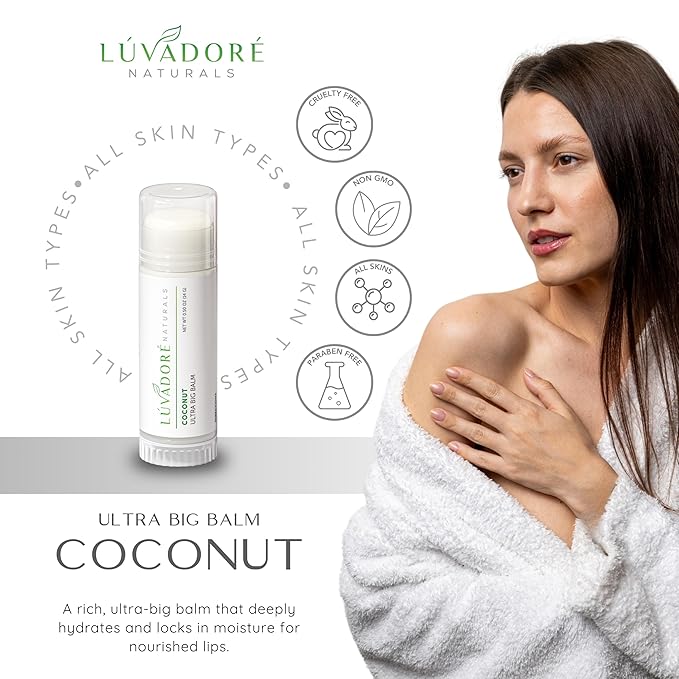 Ultra Big Lip Balm Stick Coconut– Natural Waterproof Lip Moisturizer for Dry, Chapped Lips – Nourishing and Hydrating Formula – Enriched with Coconut Oil, Beeswax, Shea Butter