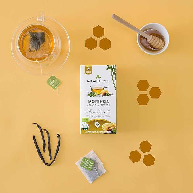 Miracle Tree - Organic Moringa Superfood Tea, 25 Individually Sealed Tea Bags, Honey & Vanilla (Keto, Detox, Energy/Immunity Booster, Vegan, Gluten-Free, Organic, Non-GMO, Caffeine-Free)