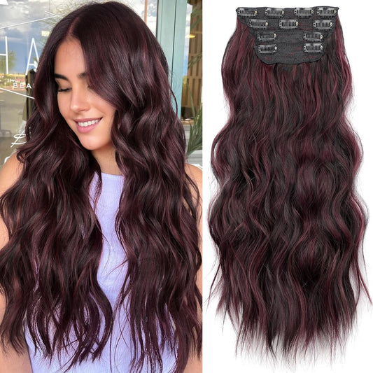 KooKaStyle Clip in Synthetic Hair Extensions Long Wavy 4PCS Thick Hairpieces Burgundy mix Dark Brown Fiber Double Weft Natural Hair Extensions 20 Inch for Women